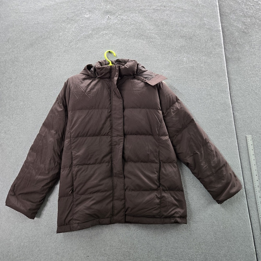 LL Bean Women Jacket XL Brown Nylon Goose Down Puffer Fur Trim Hooded